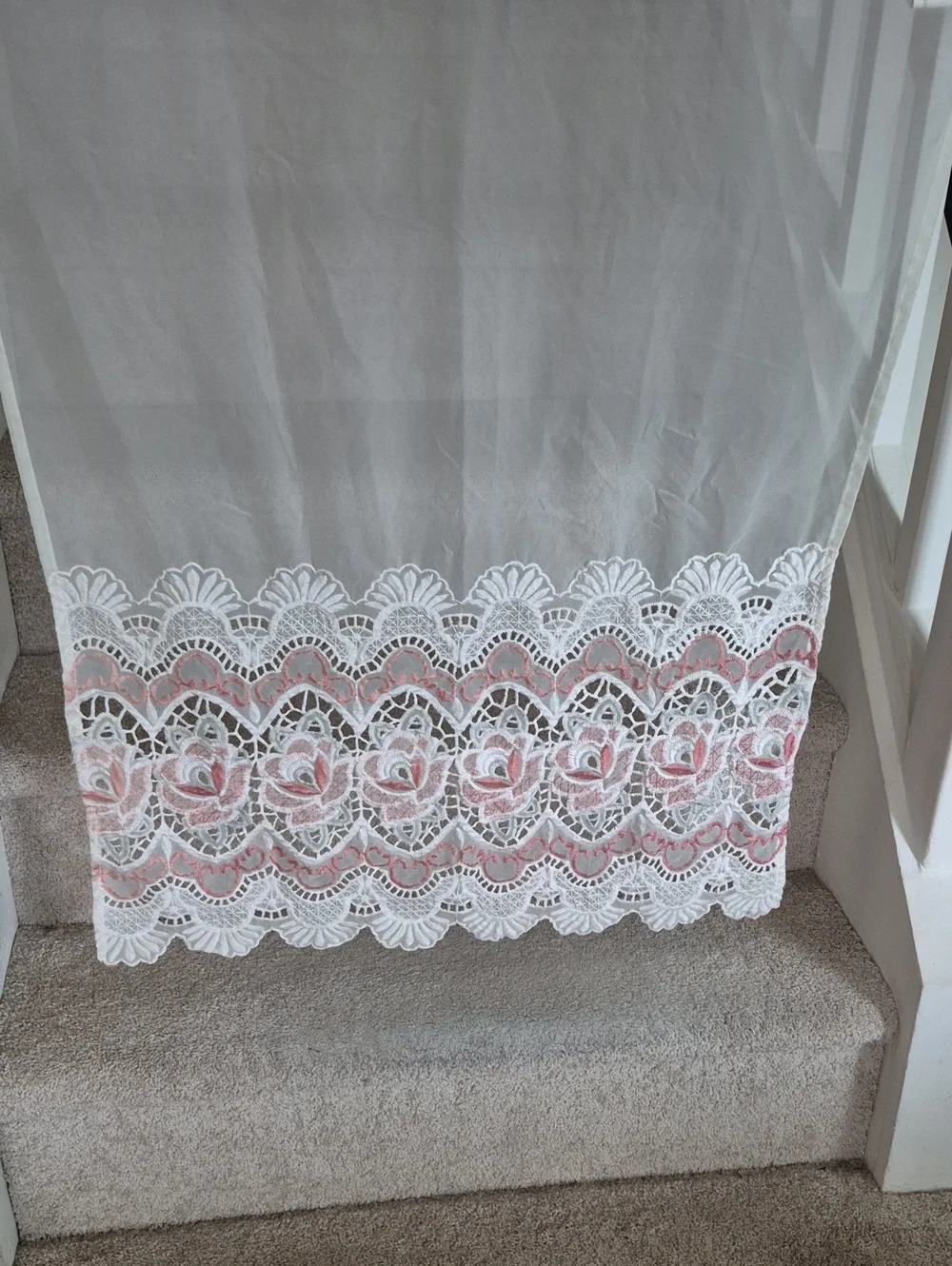 Sheer White Curtain Panel with Pink Rose Lace Border 30x35